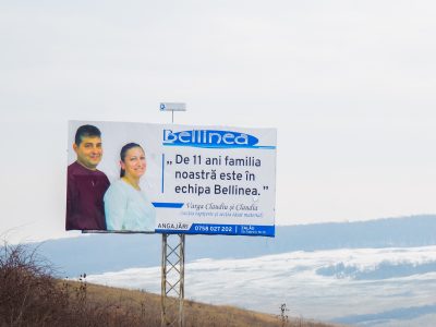 Panou publicitar de tip Unisign lângă șosea